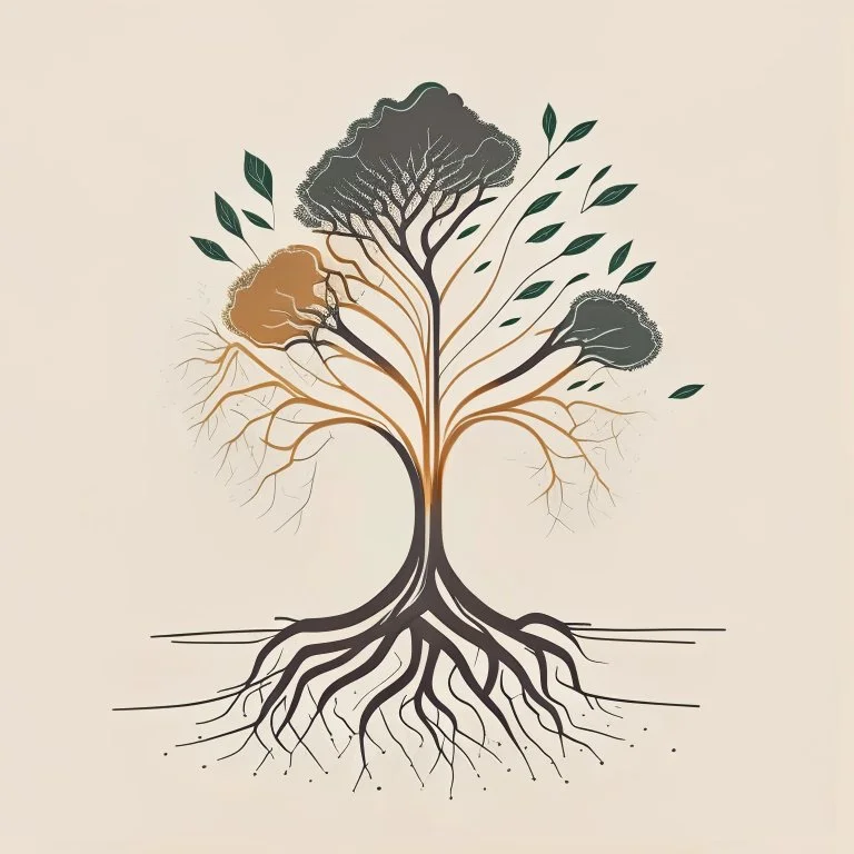 Illustrate a stylized tree with roots extending into the ground, each root representing one of the core values—creativity, authenticity, inspiration, and inclusivity. Keep the design minimalistic, using clean lines and subtle colors to convey the message effectively.