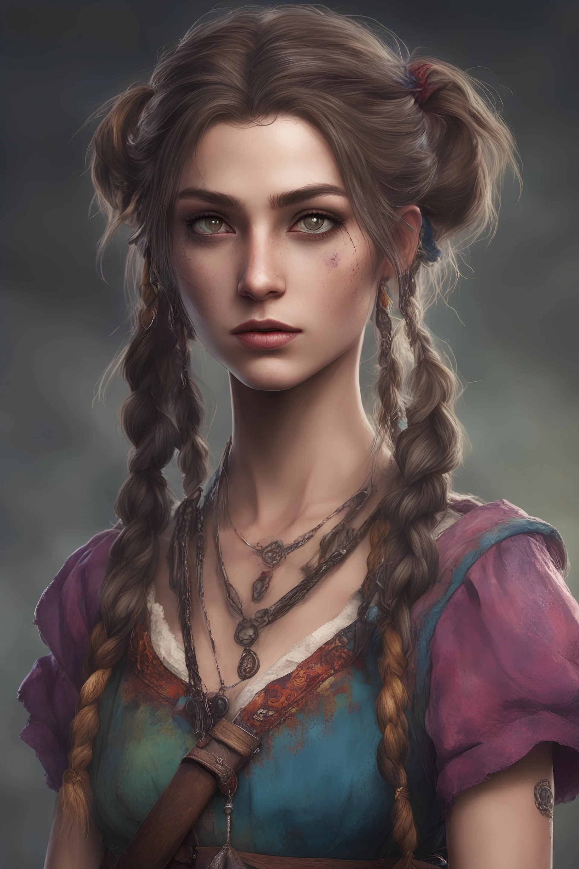 a realistic photo of an alluring teenage girl rogue and traveling entertainer for a grim dark rpg. She has a slightly mischievous expression. her eyes are dark with a hint of cunning. Her attire is worn and used, indicative of her poor background, with her colorful gypsy dress showing signs of repair and stained. Her hair is messy, with a few loose braids. She stands in a crowded old tavern at night. Despite her poor appearance, she holds herself with a quiet confidence.