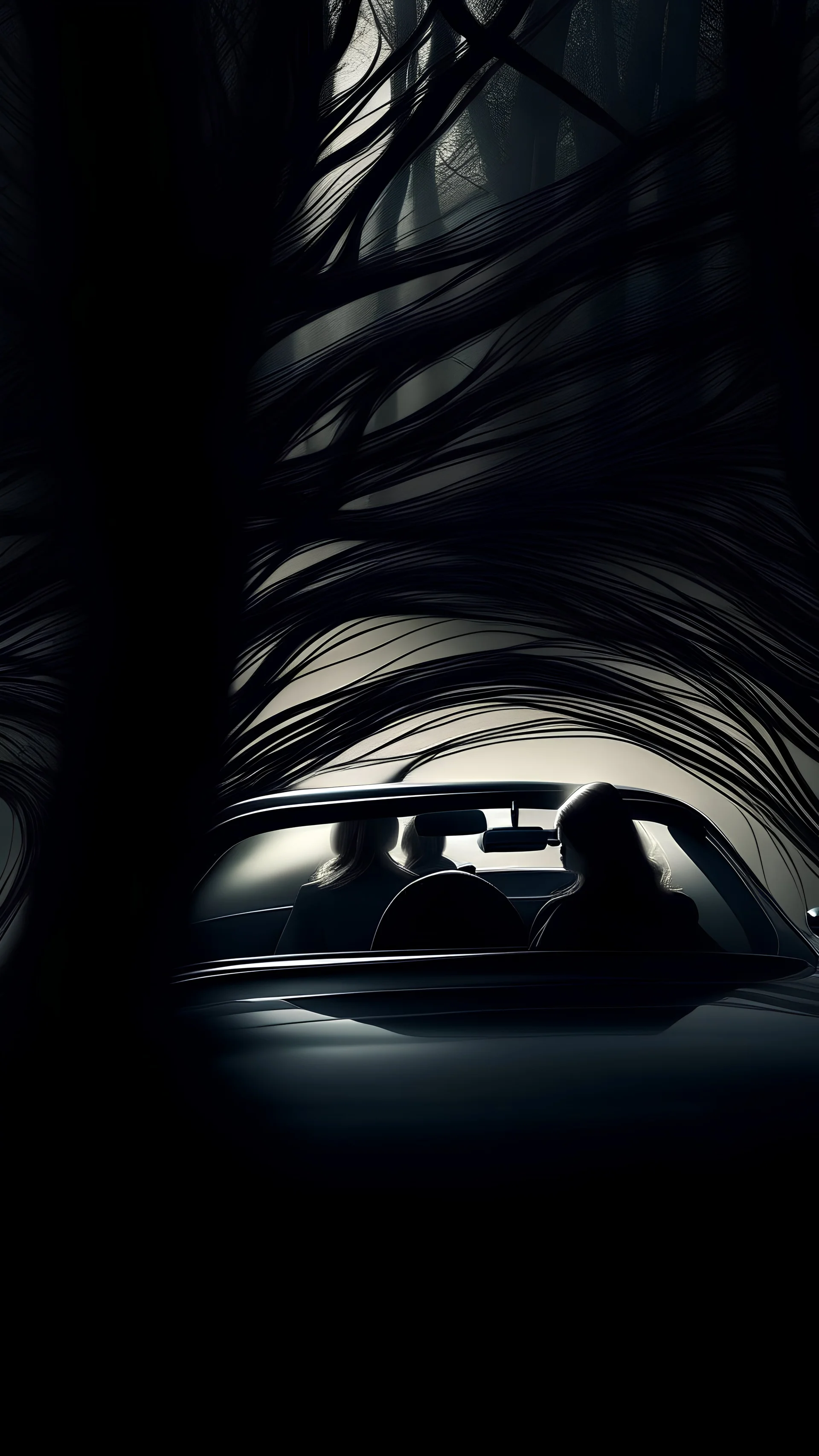 Dark Forest Drive: A couple in a car driving through a dense, dark forest with tall, shadowy trees. The headlights illuminate the eerie, twisted branches ahead, creating an ominous atmosphere.