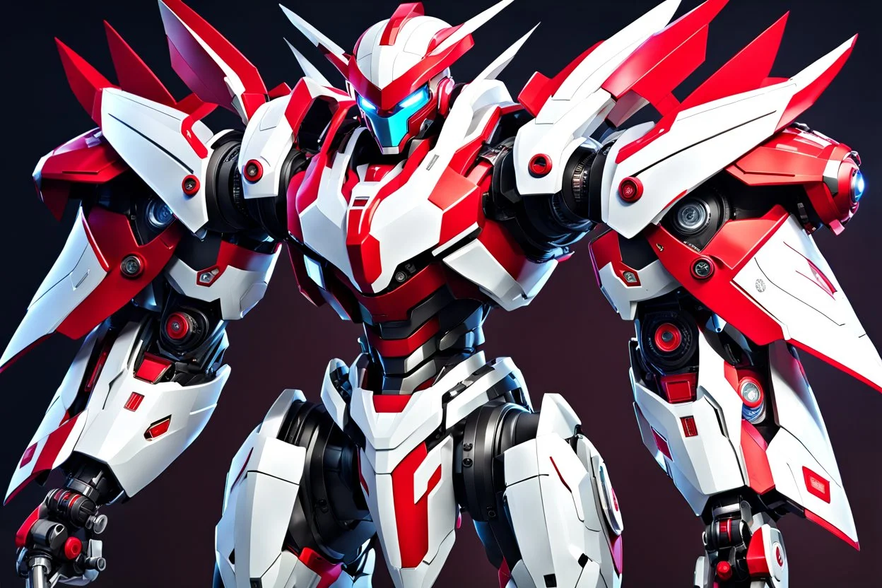 big robot with red and white color schemes, in the style of fairy academia, hard-edge style, agfa vista, dynamic pose, oshare kei, hurufiyya, rtx, close picture, intricate details, highly detailed, high details, detailed portrait, masterpiece,ultra detailed, ultra quality