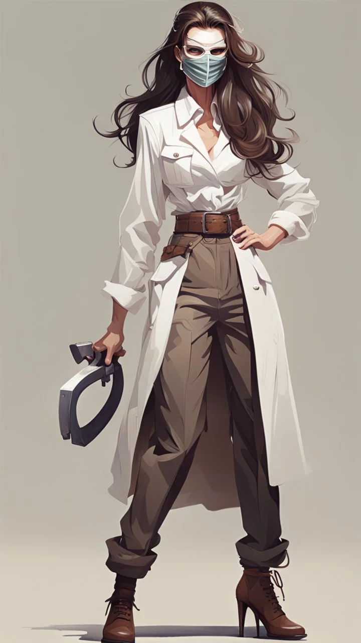 Full body character design, athletic female with wide cuffed and high waisted pants, white blouse, ceramic mask, long hair, trench cleaver in holster attached to belt, thick heeled shoes