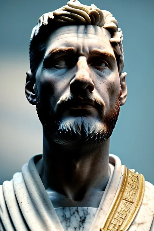 Ultra Realistic image, roman sculpture, white marble material, Lionel Messi, gold Laurel crown, miguel angel style, chisel style, emperor, waist up portrait, epic, celestial style, cinematic lighting, God light, god rays, 4k resolution, smooth details, ornate details, soft lighting, unreal engine 5, sky background.