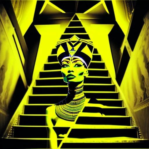 Double exposure of a black and yellow photo of the face of the pharaonic goddess Nefertiti and stairs inside a pyramid, black and yellow photo, a staircase, by John Alexander, stairs, a winding staircase inside a pyramid, inspired by Jerry Schatzberg, stairs to heaven, fine art photography, by Rodolfo Escalara, illustration, by Albert Cotin, beautiful, stairs, inspired by Rudolf Hausner, staircase 1