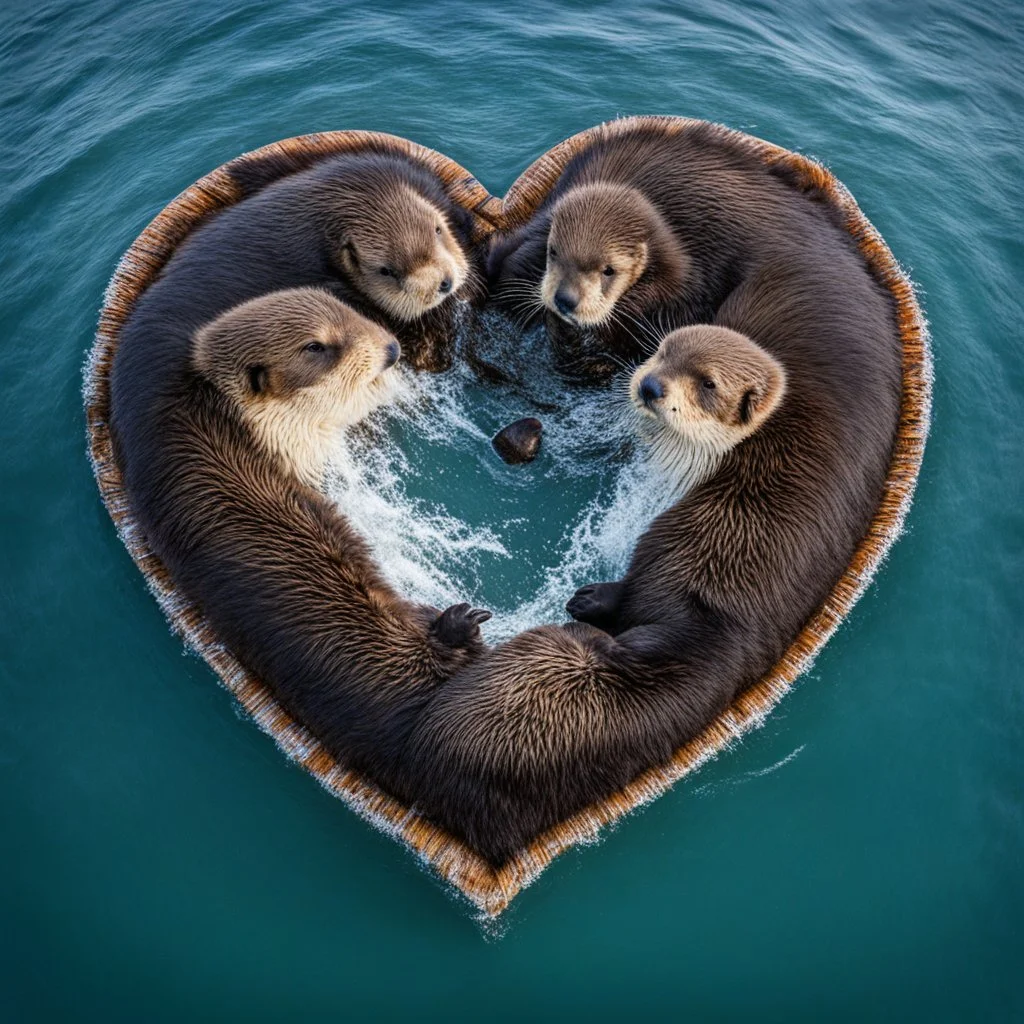 a raft of two sea otters holding hands, being "Better Together" on the river, seen from above in a shape of heart