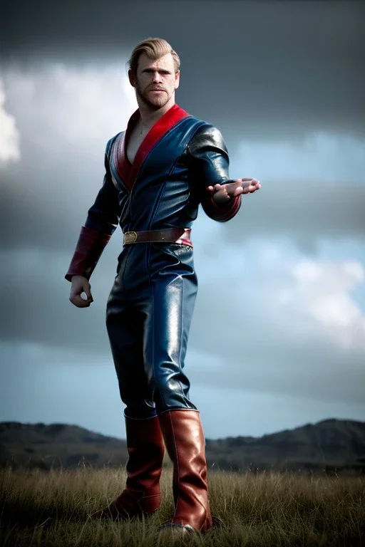 retro portrait image from 1960, sky background, wind, extra long blonde hair, fighting stance, young Chris Hemsworth, clean shave face, black dress, classic long tight lycra black suit, red cap, platinum lycra with scales on the arms, gold bracelet and belt, high boots, soft color, highly detailed, unreal engine 5, ray tracing, RTX, lumen lighting, ultra detail, volumetric lighting, 3d, finely drawn, high definition, high resolution.