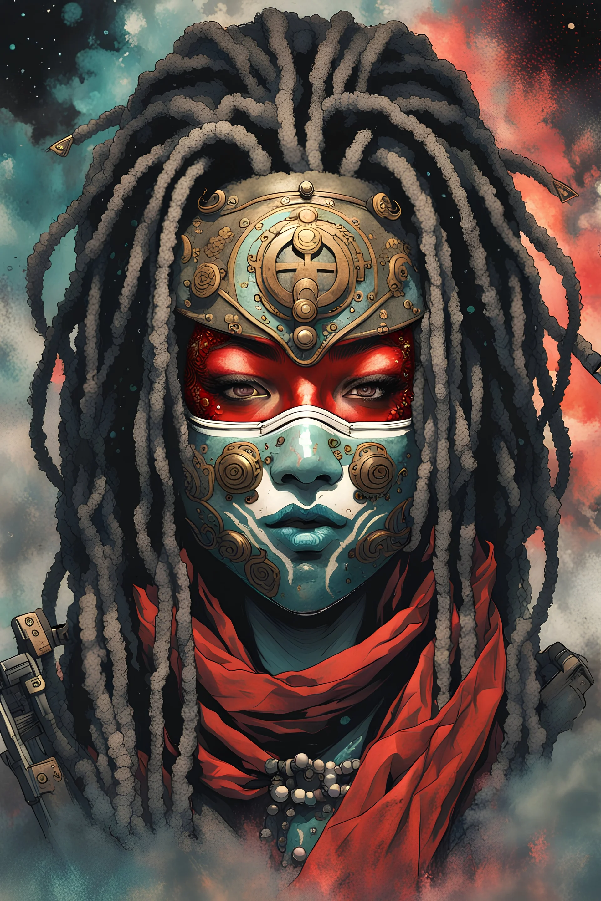 front facing full length portrait illustration of a grunge armored female , beaded dreadlock hair, cyberpunk vampire mercenary wearing an ornate japanese oni demon noh mask , and shemagh, highly detailed with gritty post apocalyptic textures, caught in a cosmic maelstrom of swirling gases , finely detailed facial features and hair, in the graphic novel style of Bill Sienkiewicz, and Jean Giraud Moebius, ink wash and watercolor with realistic light and shadow