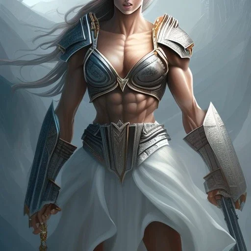 fantasy setting, giant woman, big muscles, more muscles, white dress, full body