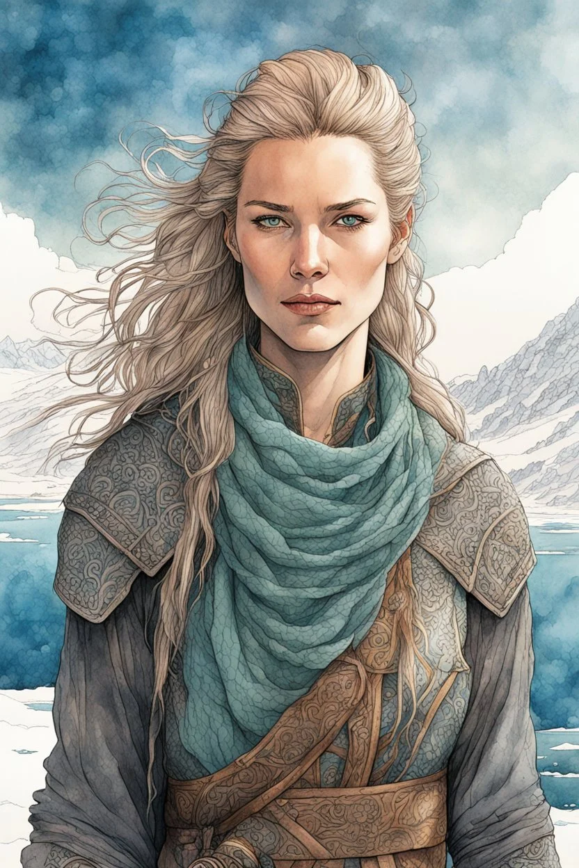 create an ink wash and watercolor full body portrait of a pale female Norse tribal mercenary, with highly detailed, delicate feminine facial features, inhabiting an ethereal Northern winter fjord land of pristine blue waters, in the comic book style of Jean Giraud Moebius, David Hoskins, and Enki Bilal, precisely drawn, boldly inked, with vibrant colors