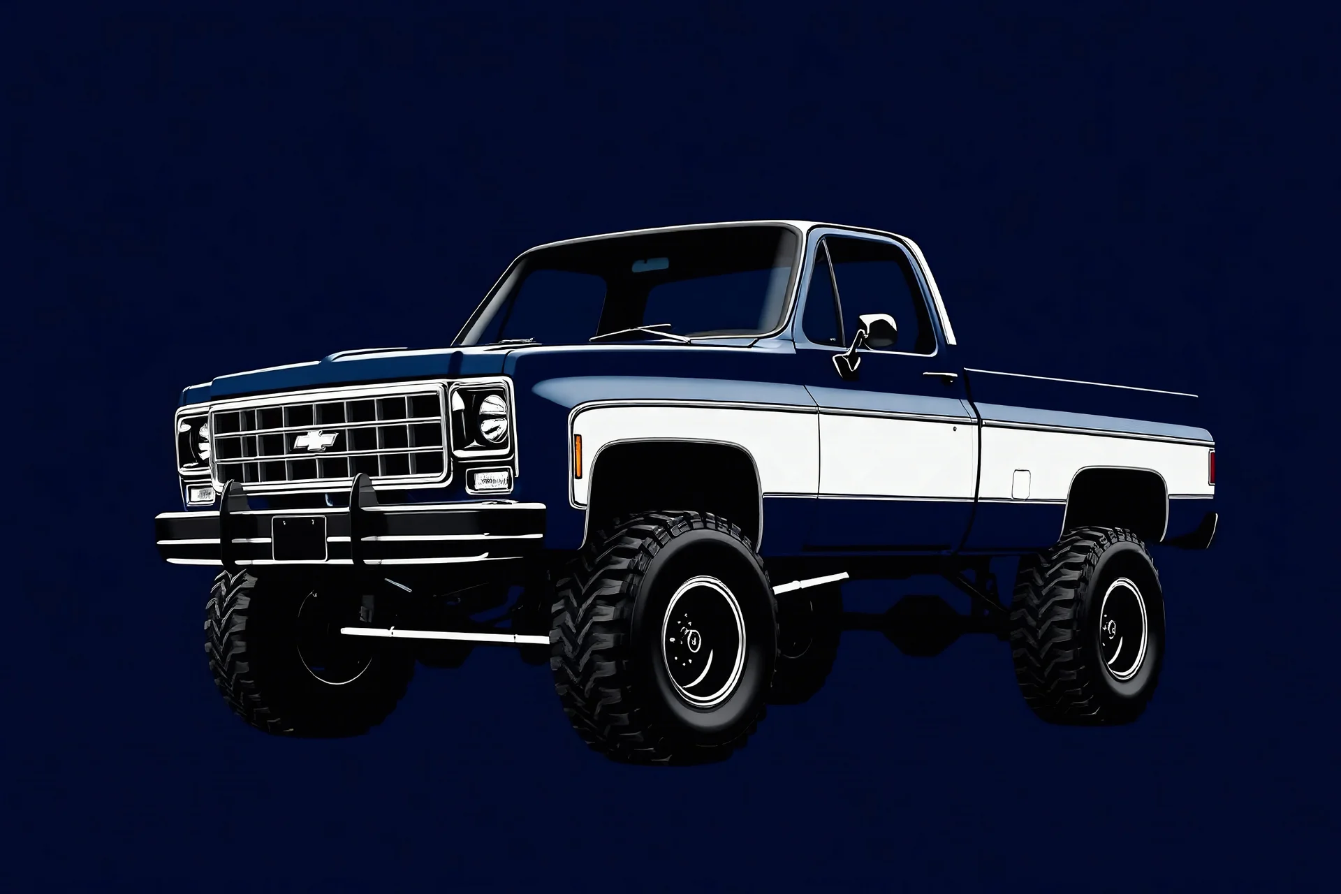 front corner 1973 chevrolet square body truck(lifted) facing to viewer's left, navy blue background, high contrast black and white vector