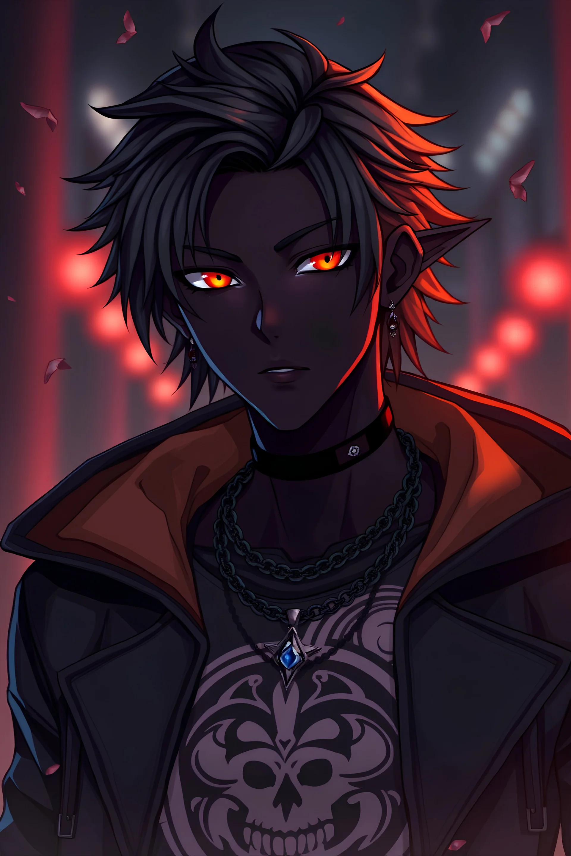 Dark skin anime male age 25 with orange eyes and goth style clothing