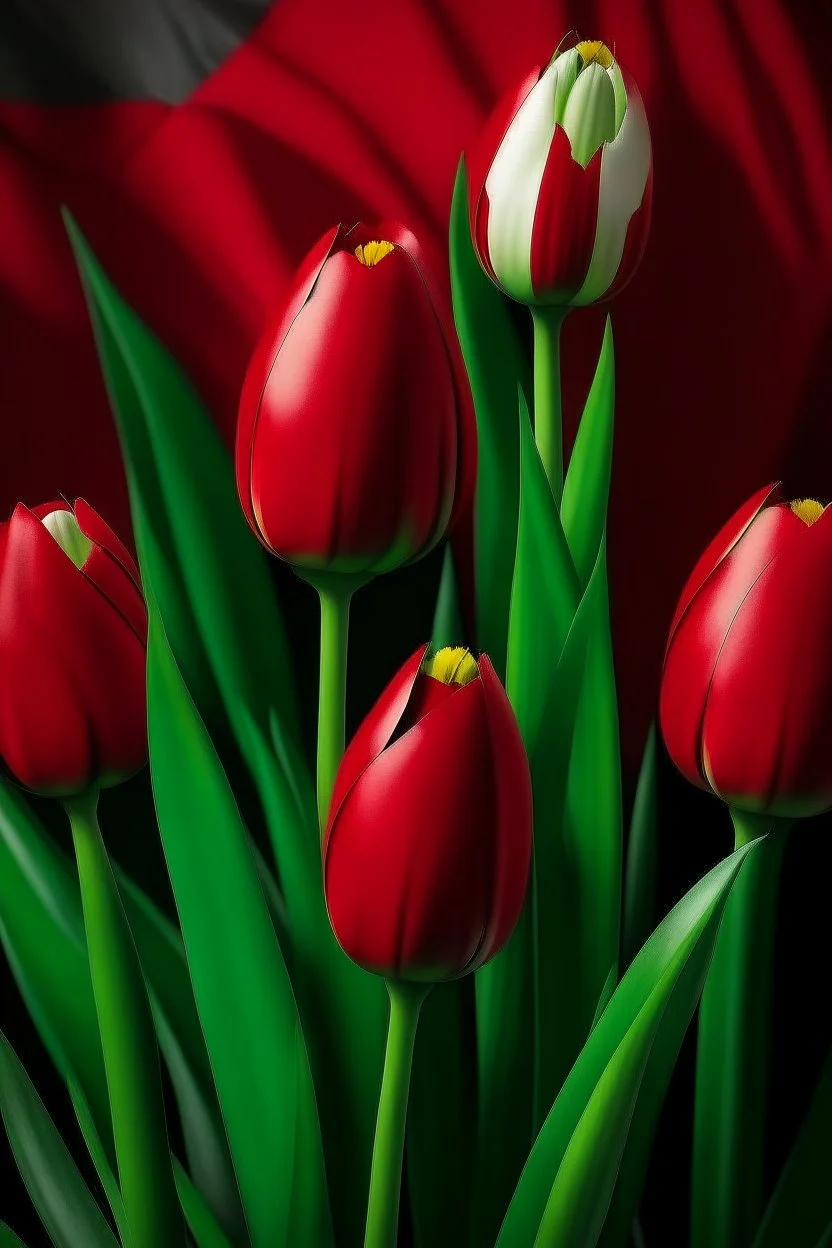 Red tulips with the flag of the Islamic Republic of Iran