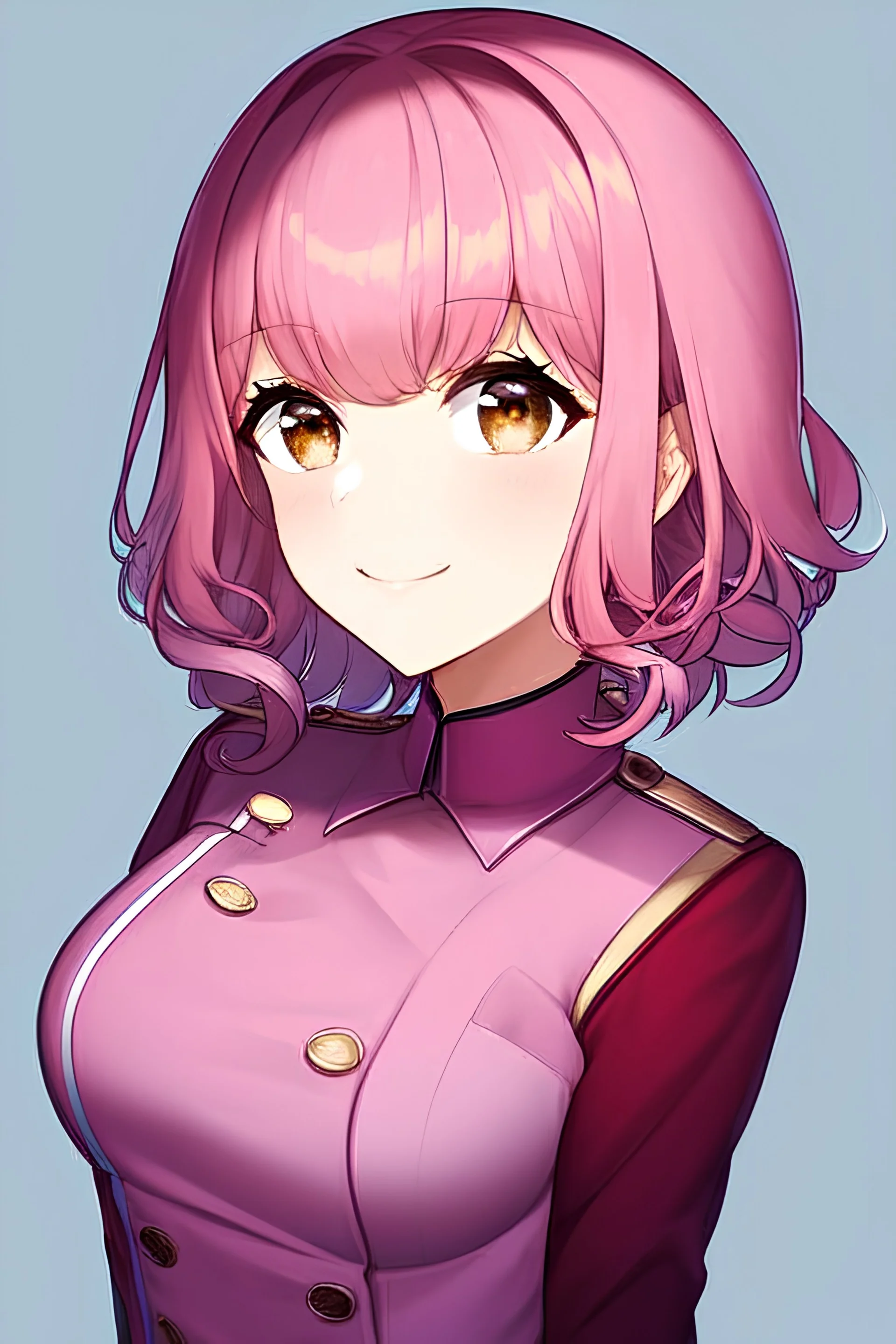 masterpiece, best quality, expressive eyes, face focus, 1woman, portrait, pink clothing, modern clothing, cute, smile, pink hair, short bob, curly bob, brown eyes, private college uniform