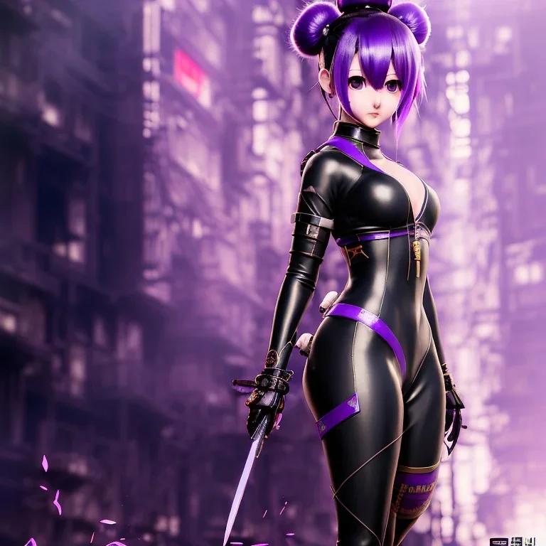 Detailed cute anime Kunoichi girl, purple hair buns, purple bangs, black latex bodysuit, intricate details, full body portrait, keep head in frame, slight smile, black Japanese motif, concept art, highly detailed, digital painting, concept art, sharp focus, illustration, art by Yoji Shinkawa, WLOP and greg rutkowski and alphonse mucha and artgerm and yanjun Chen and Junji ito and Makoto Shinkai, HDR, octane render