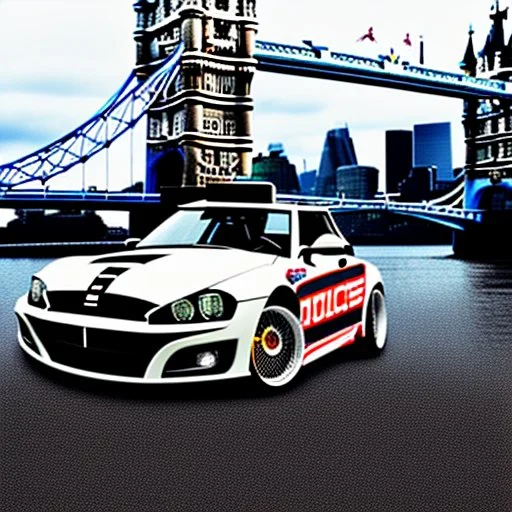 A police Tesla Cybertruck is chasing a Tesla 'Model S Plaid' at top speed, by the 'Tower Bridge', in London. CINEMATIC. WIDE ANGLE LENS.