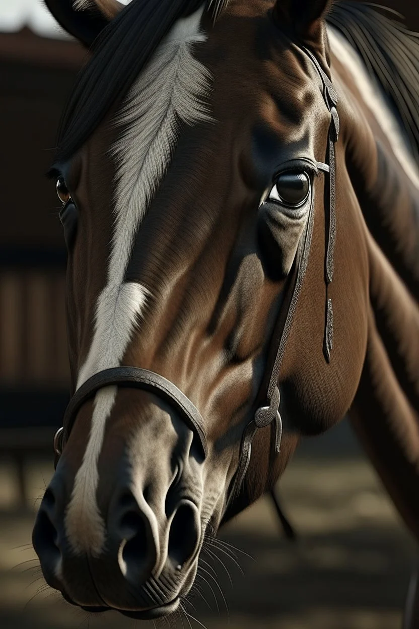 Horse with small overly realistic human eyes, staring at the point of view,