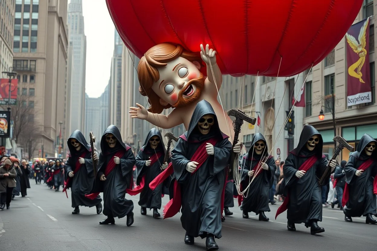 macys thanksgiving day parade style cartoonish giant baby jesus floating parade balloon pulled by multiple grim reapers, multi colored, bright, vivid, psychedelic, high detailed, high gloss, insanely detailed, matte, horrorcore, lining the street, unsettling contrast, monument to death, live action shot grim reaper parade, pulling a jesus parade float