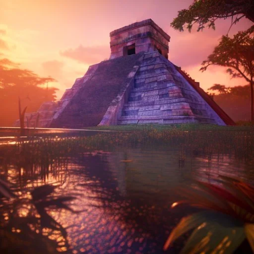 Chichen Itza, sunset, rainbow sunset, waterfall palms twigs spring sunset rainbow bridge birds unreal engine 5, realistic, hyper detailed, 8k