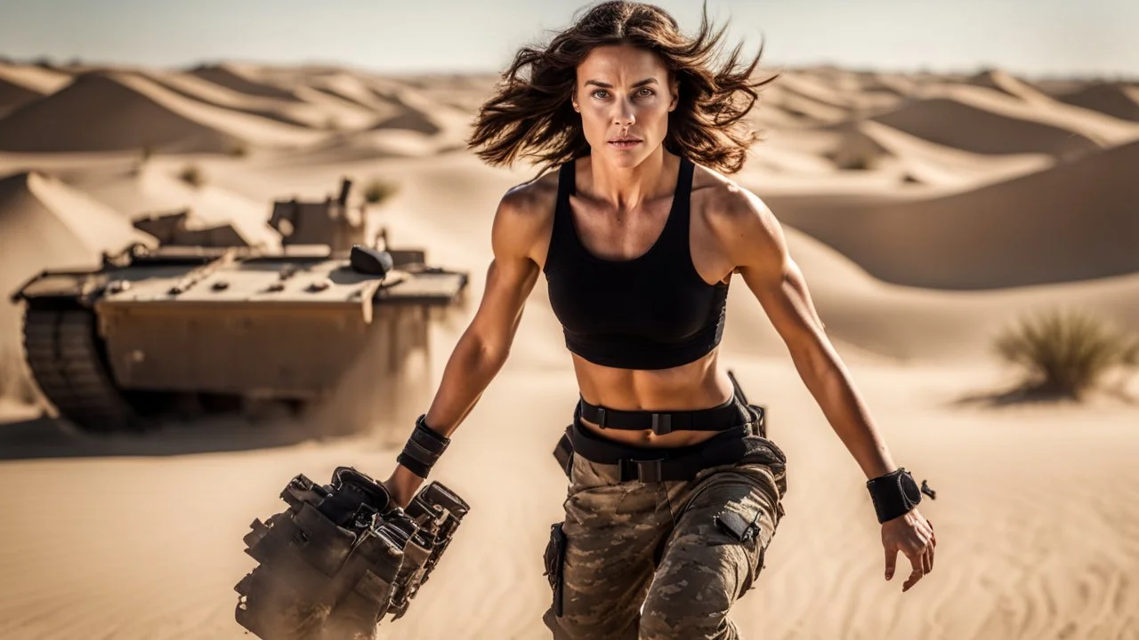 beautiful slender caucasian female technician, black tank top, well toned muscles, weathered face, scratched sand camo metal details, short brunette wavy bob haircut, dystopian, desert scene, jumping from a futuristic tank