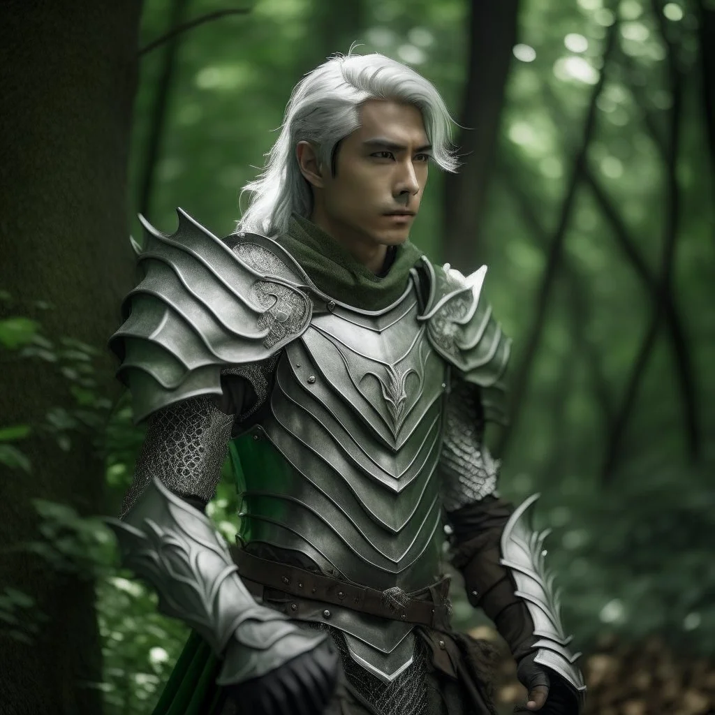 Please create an image for a young elven male with light brown skin, silver hair, and green eyes. He is standing outside in the forest during springtime, wearing leather armor. He is accompanied by a walking suit of armor