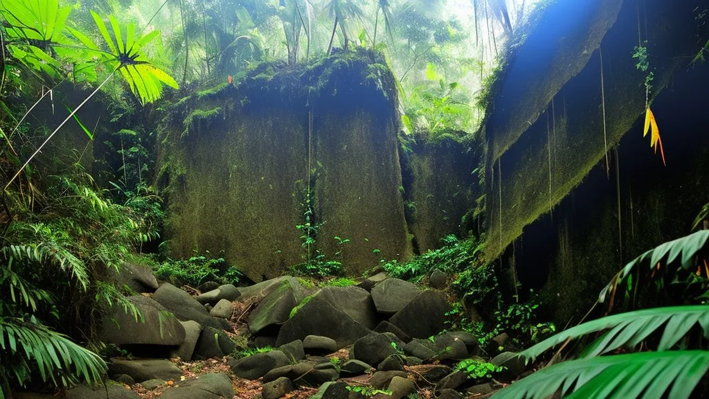 flat wall of rock in the jungle at the foot of the mountain