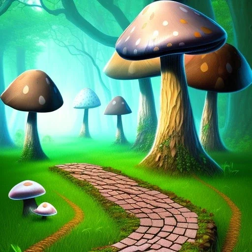 A great big mushroom forest with a stone path going through it.