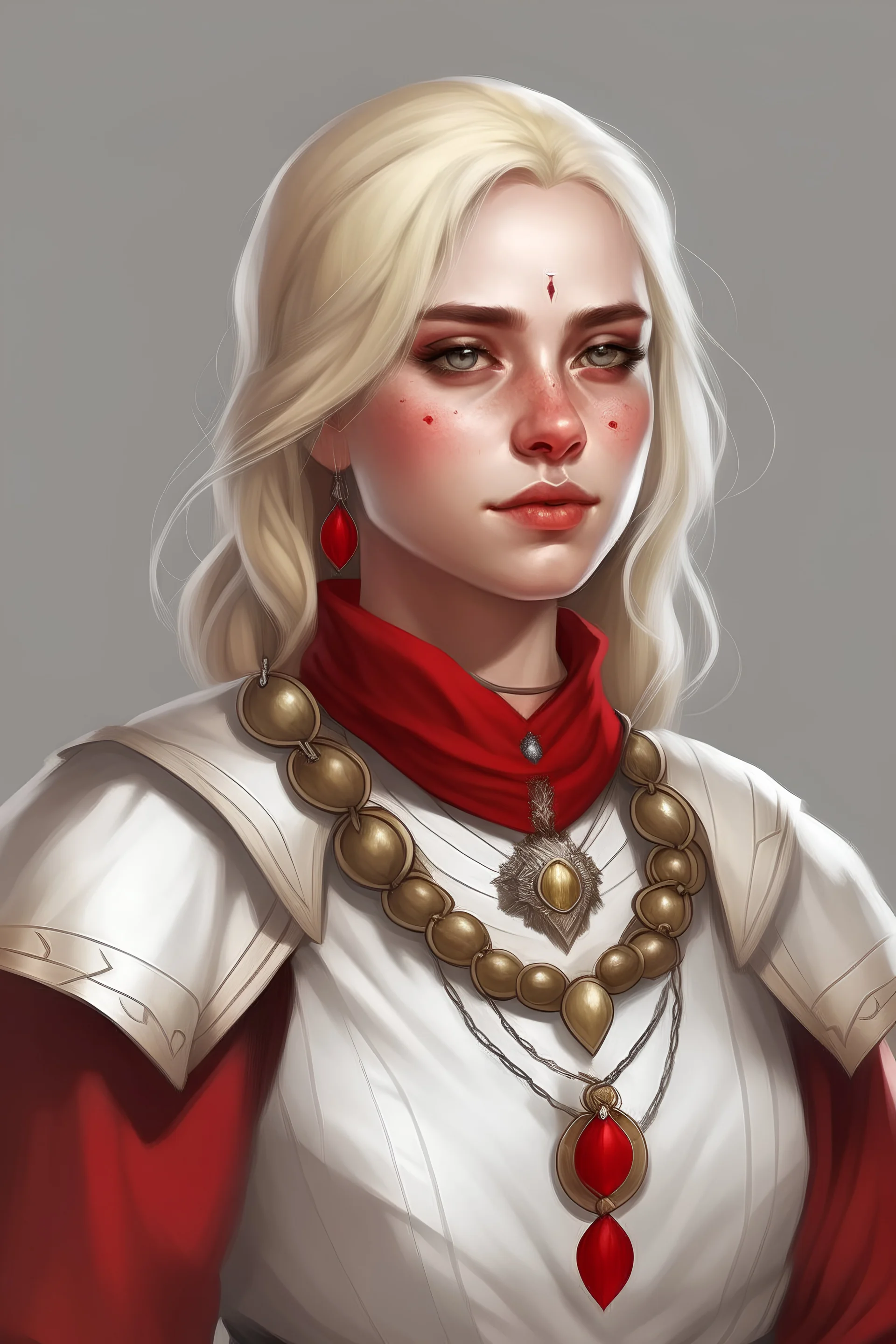 22-year old, blonde, grey-eyed# female human cleric with a necklace of red beads, wearing scale mail