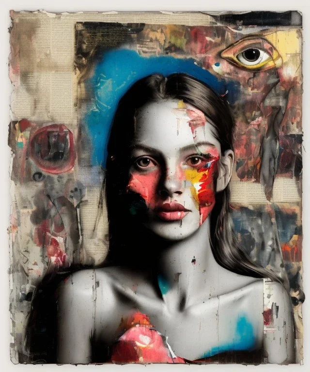 happy beautiful girl holding big proffesional camera in studio. street art, oil on canvas, spray paint, collage, letters, newspapeers, Dave McKean, Vladimir Fedotko, Saturno Butto, Vaughn Bodé, Frank Wu, James C. Christensen, collage, dirty, paint dripping, radiant