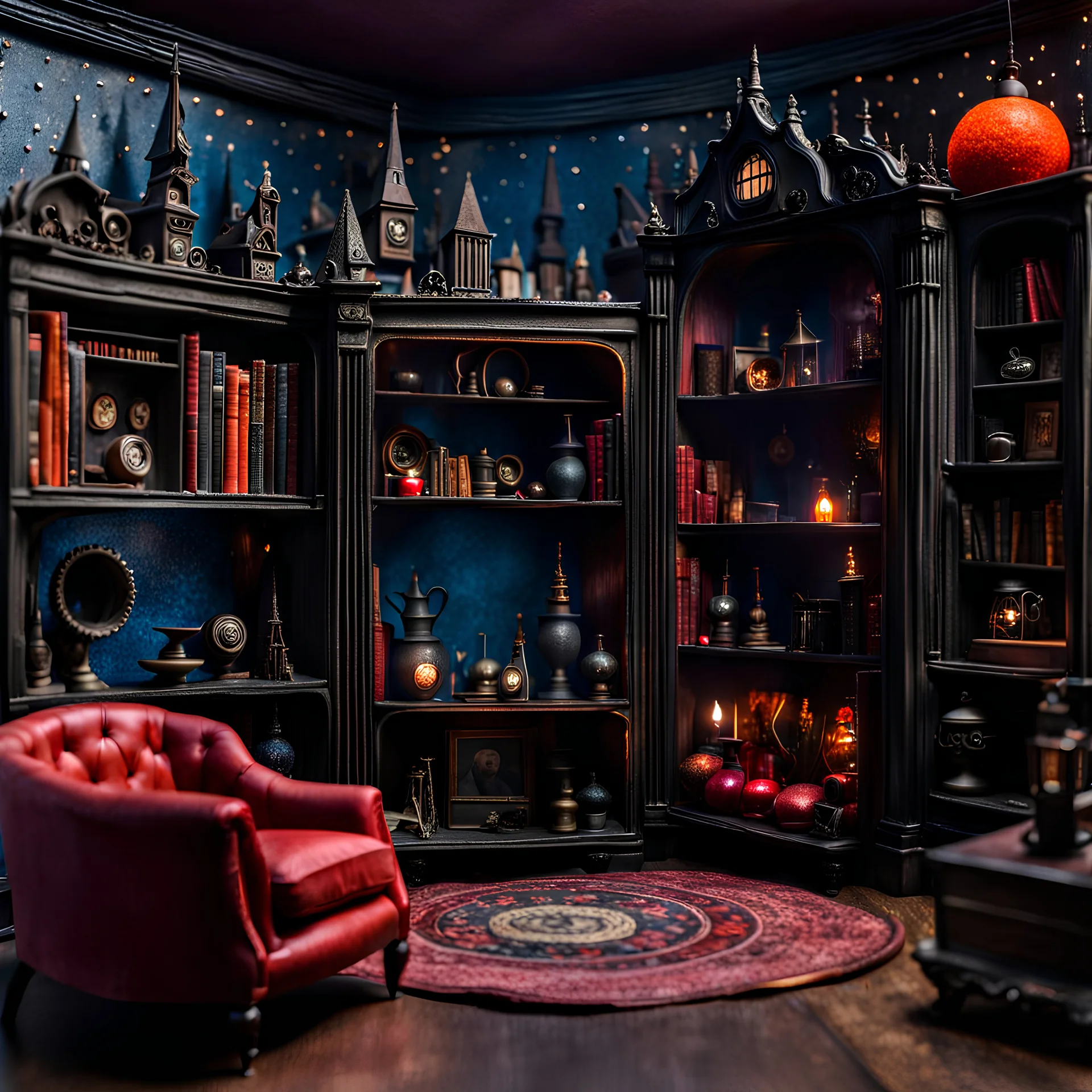 Detailed creepy living-room with bookshelf, made of modeling clay, haunted, very accentuated details, Tim Burton, strong texture, extreme detail, Max Ernst, decal, rich moody colors, sparkles, Yves Tanguy, bokeh, odd