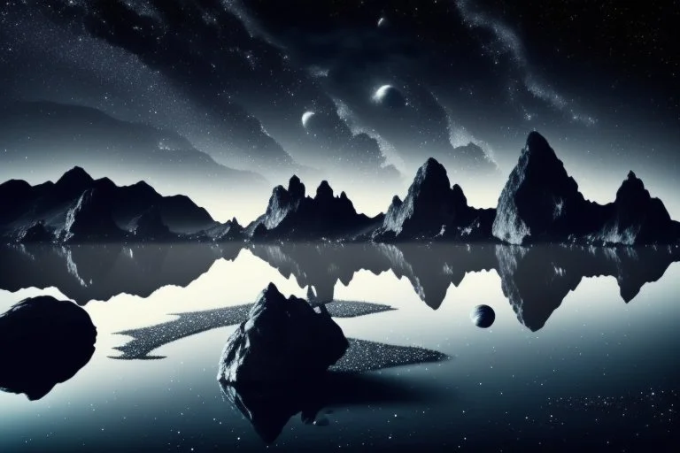 Grey Exoplanet in the hotizon, rocks, Night, lagoon reflection, sci-fi, epic