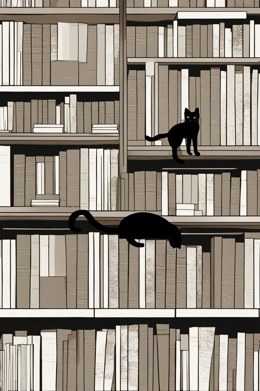 one black cat standing behind the bookshelf, white background