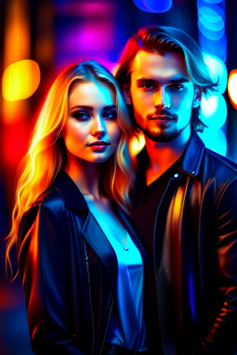 the genre is modern, a gorgeous couple, a beautiful woman model and actress, long hair, bright eyes and a beautiful man in modern clothes, he has blond hair, bright, expressive eyes, perfect facial features, he looks like a famous actor, a very beautiful favorite of all women, a full body, he stands tall, background bokeh