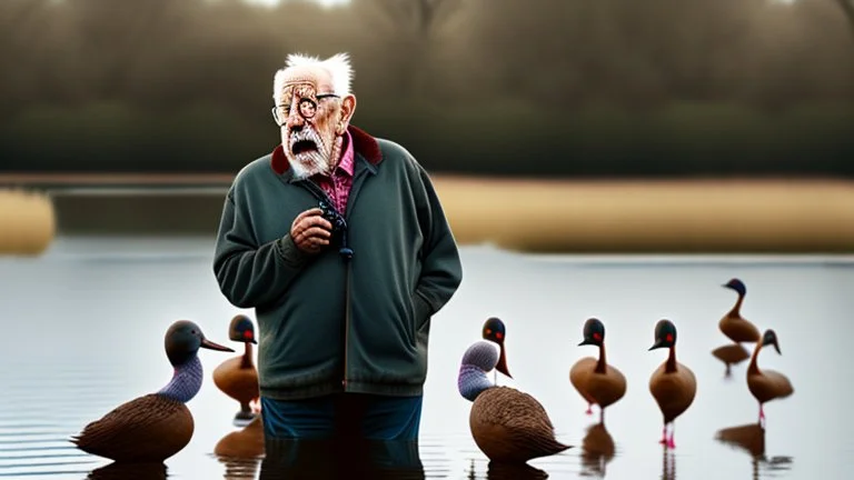 old man talks on phone while chasing ducks away, looking very confused