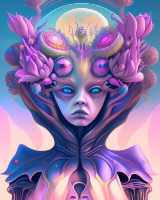 an ethereal alien creature with three eyes, with several extra limbs and slender composition, is i transitioning wild landscape full of flowers , highly polished, chrome airbrush style, dreamlike composition, color penciling color palette, surrealistic retro-futurism, fantasy, vintage scifi, psychedelic aesthetic, Camilla d'errica, pop surrealism, highly detailed, arthur lismet, artstation, 1960s psychedelic drawing, smooth