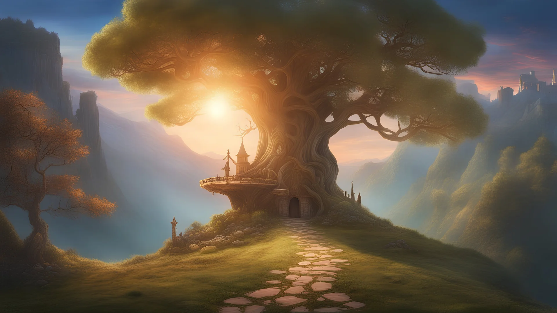 A dreamy landscape with mushrooms and a old, huge tree in the center. Fantasy roads of light going towards the tree. The sun is going down behind the tree. Mountains and a old castle in the background. Digital Art, Masterpiece. Fantasy. Dream. Dreamy. Surreal.