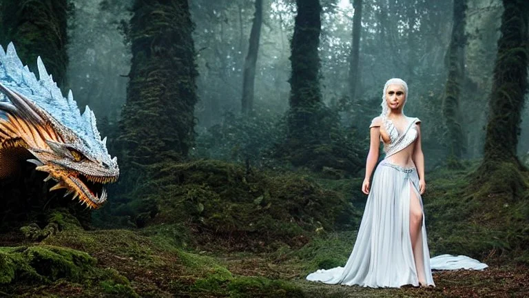 whole body image of beautiful Emilia Clark as Daenerys Targaryen in a mystical enchanted forest standing next to a dragon, HD 8K, sharp detail, hyperrealistic photo accurate face and features, cinematic lighting, award winning photography