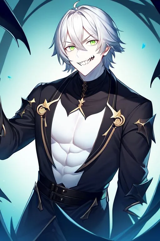 plauge doctor in balck leather clothes with silver hair, pale skin and bright green eyes smiling with sharp teeth, nice young face, male, viscious smile