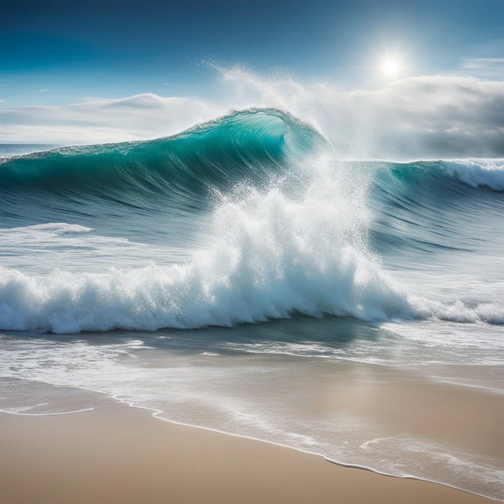 emerging from the ocean waves, symbolising the link between space exploration and our blue planet. on the beach, the water splashing around in a dynamic and realistic scene. The contrast between the infinity of space and the immensity of the ocean evokes both adventure and reflection on our place in the universe. This captivating scene, bathed in natural light, highlights the courage and determination needed to explore the unknown