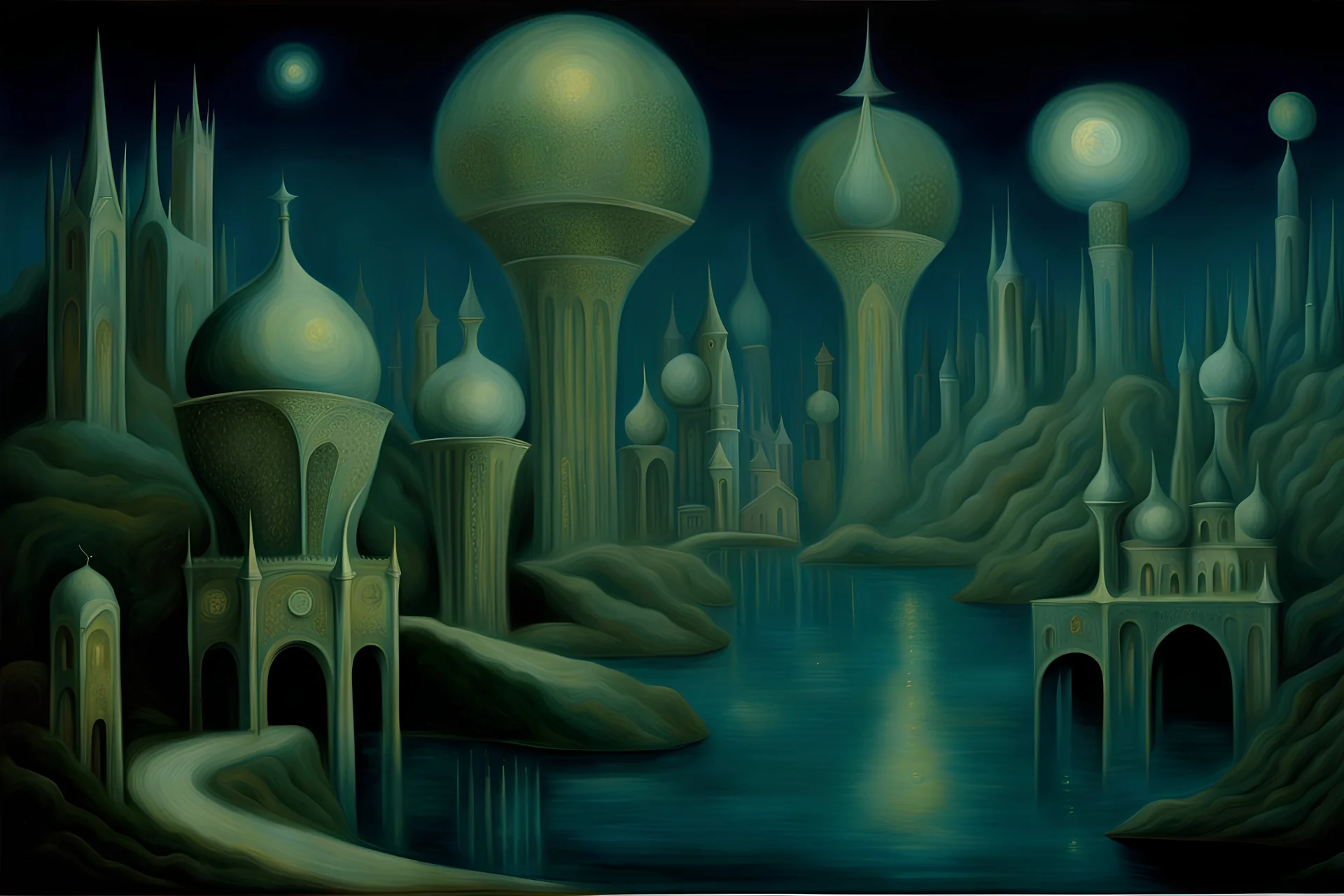 a surreal noctilucent city with arches, glittering domes and rivers by artist "Leonora Carrington",by artist "Agostino Arrivabene"