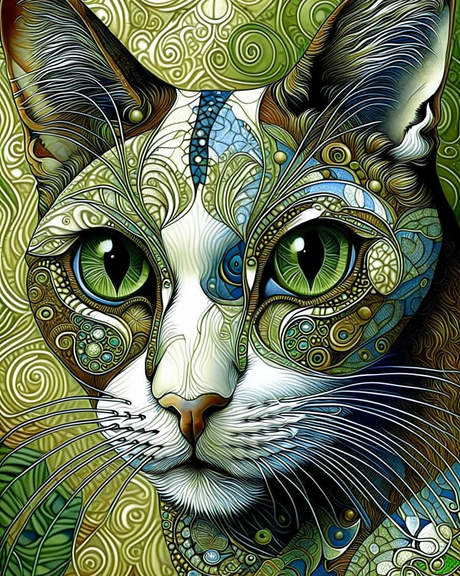 Detailed Surreal Portrait of Oriental blue and white tabby cat, with a triangular slender white face, large ears and green eyes by Gustav Klimt muted colors.