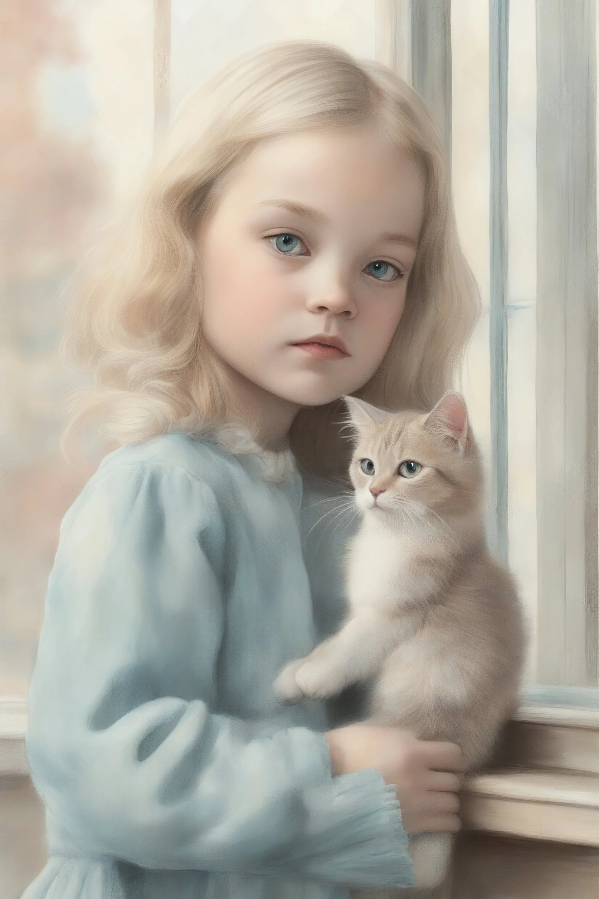 Illustration of model gemma ward as toddler, at the window,with a cat, ,style of Marcel Marlier, pastel colors