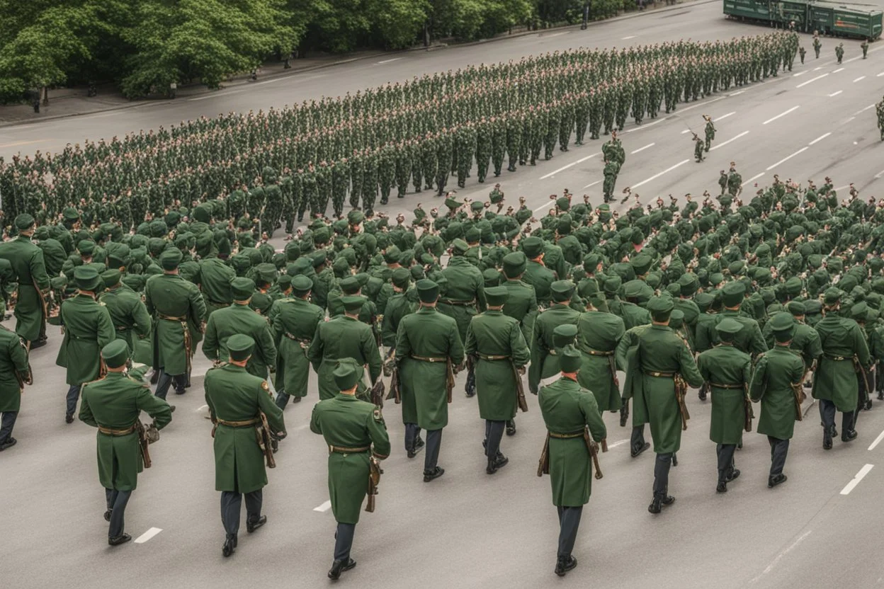 soldiers marching in formation; facing away from camera; military parade; tight formation; shoulder to shoulder; marching along a street; green uniforms; medals and insignia; long distance perspective; birds eye view; large parade;