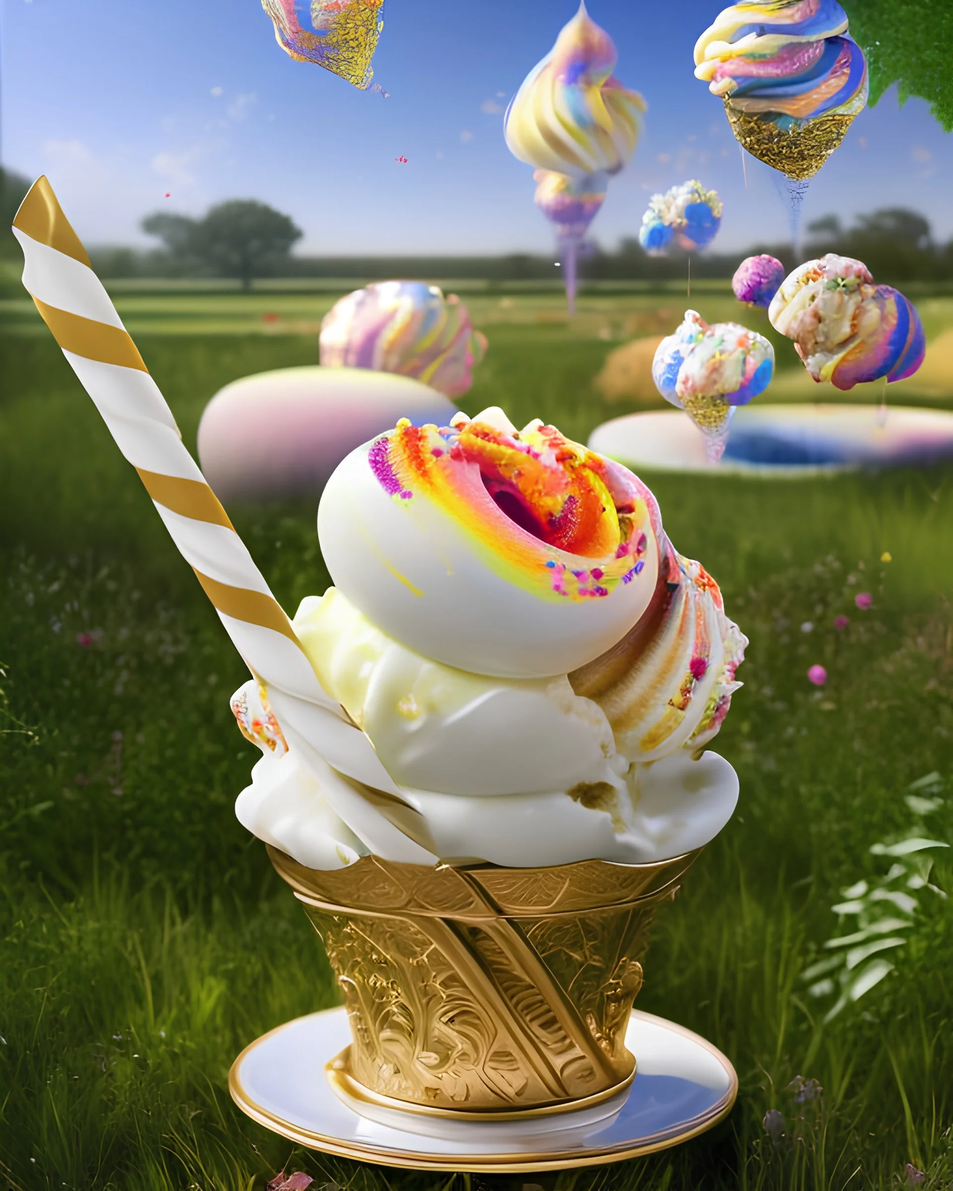 extravagant luxury icecream with extras, on sunny day, bokeh, vibrant color, 8k, RTX, realistic, 3D, Salvador Dali, Alma-Tadema