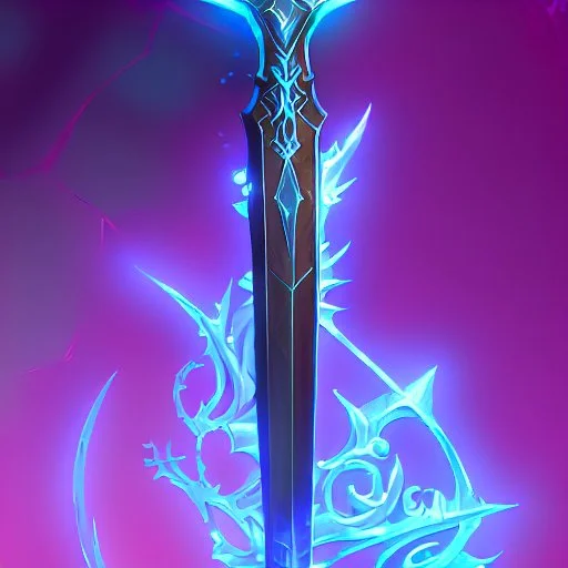 A fantasy zweihander, the blade is made up of glimmering ice, it's hilt is crafted from swirling vines, leading to a vibrant rose crystal at the pommel, with a black background behind it.