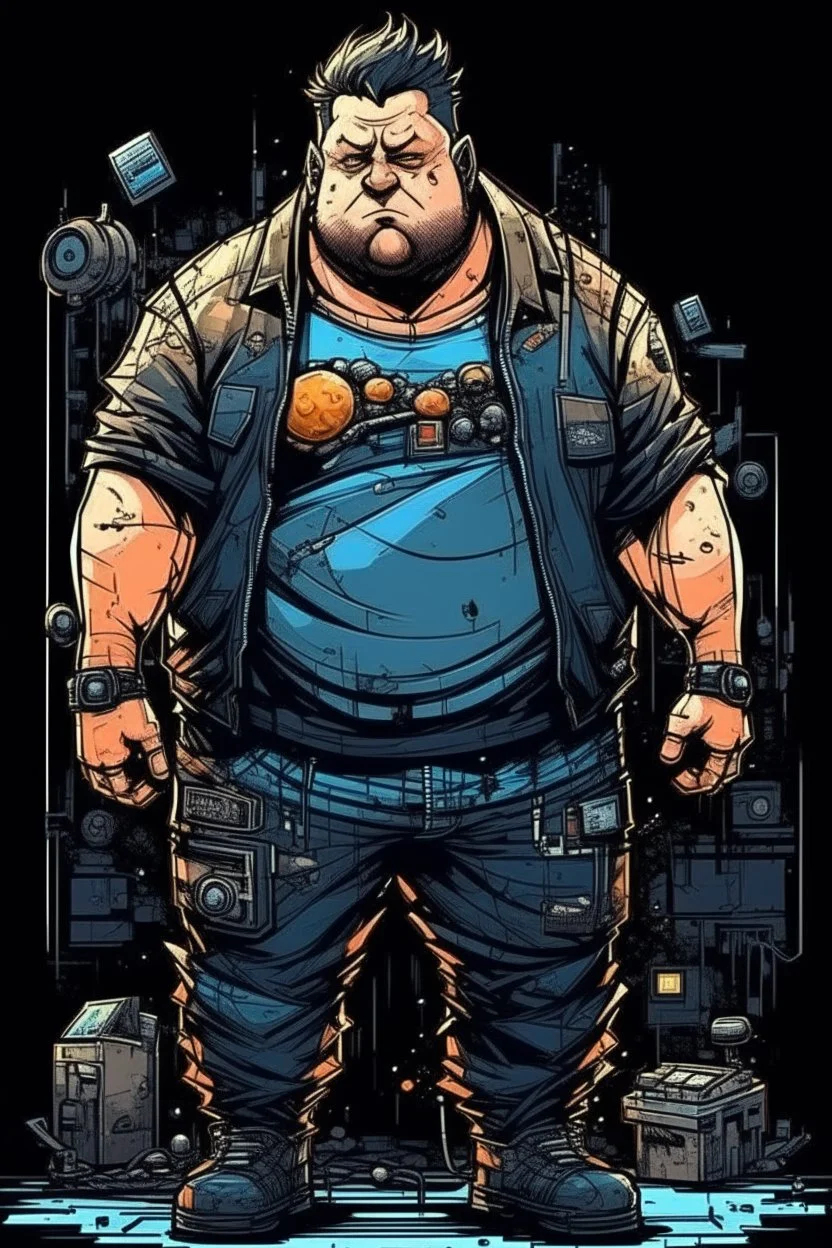 fat boy, , , cyberpunk,, comic book art style, geek, engineer, t-shirt, jeans, drug addict, ,