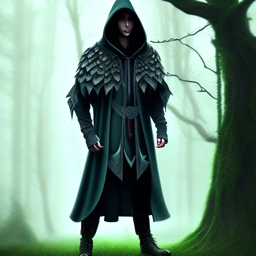 Male, Dark hair, Digital Art, Bow in hand, Hooded Cloak, Dark Forrest background