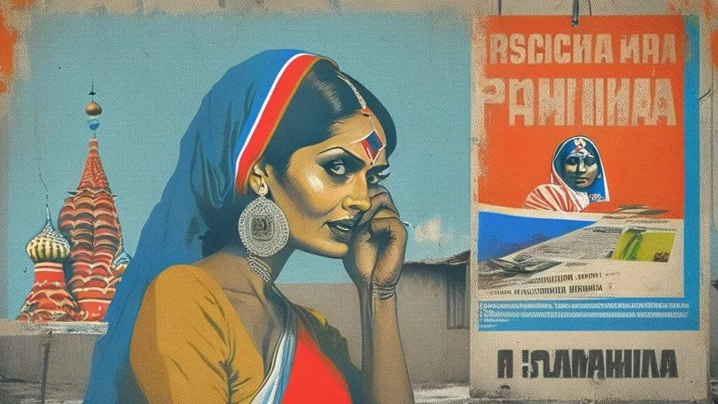 indian lady on phone with warning poster of russia propaganda