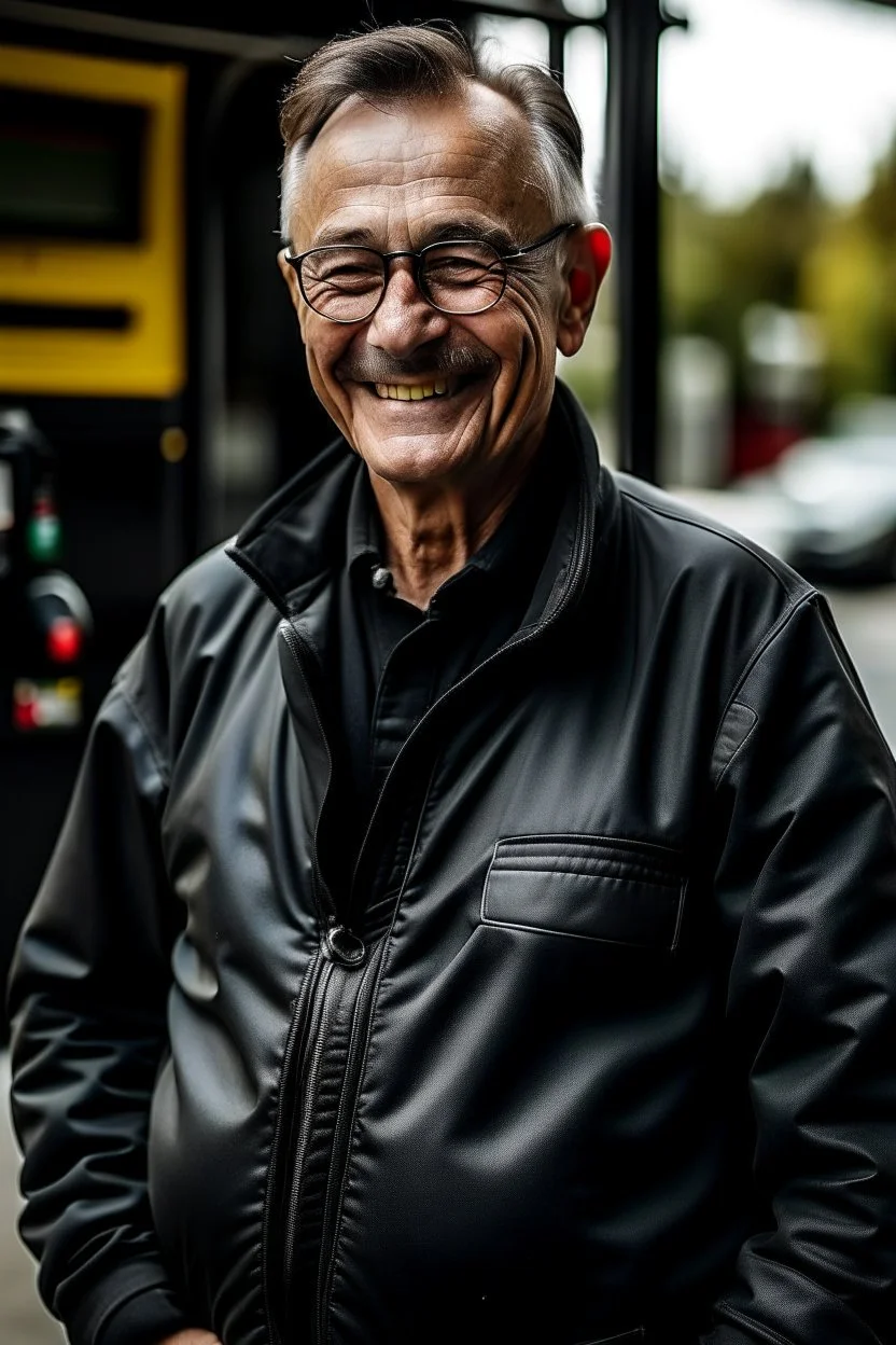 Portrait of 60 years old man wearing a black uniform smiling beside the fuel pump