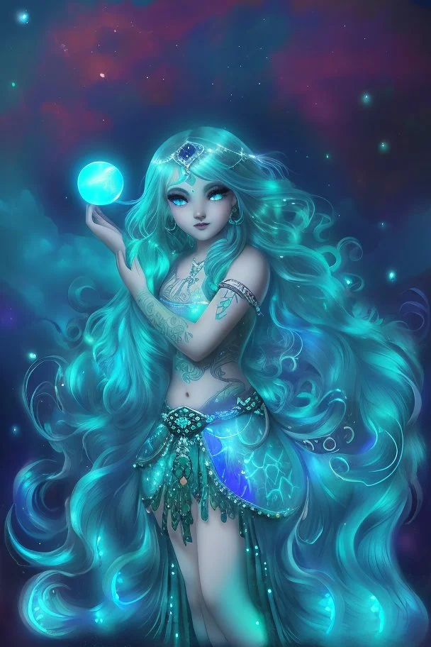 A beautiful girl with glowing starry eyes. And with turquoise hair decorated. And full body. Holds 10 glowing glass beads with a moon inside