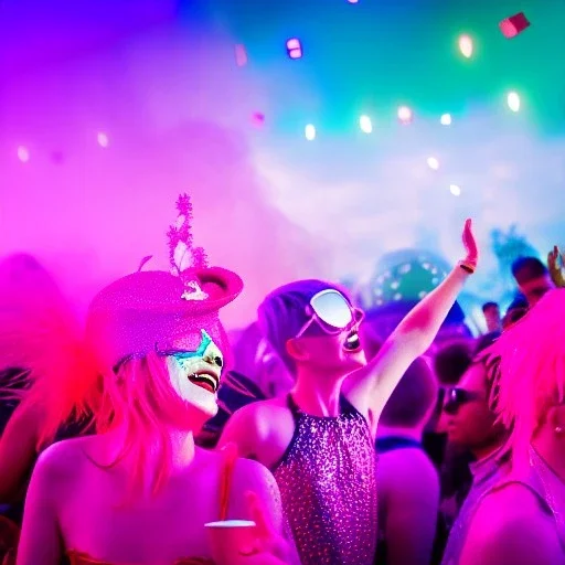 Ultra Realistic photo, medium shot view, drunken dancer sexy women, carnival scene, steampunk. Pink hair, confeti, Sunglasses, smoking, happy, festival, red fog. highly detailed, concept art, unreal engine 5, ray tracing, RTX, lumen lighting, ultra detail, volumetric lighting, 3d, finely drawn, high definition, high resolution.