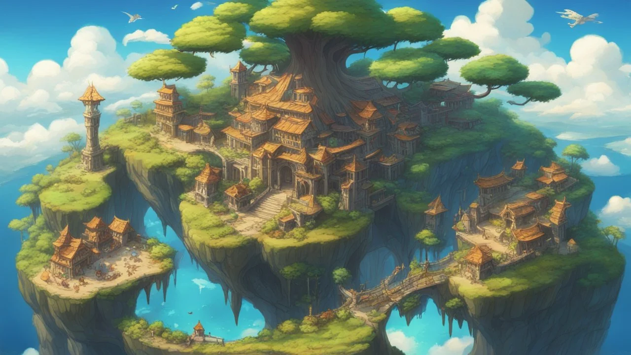 anime zelda artwork style, Highly detailed, 1 gorgeous flying island, Yggdrasil, medieval fantasy city